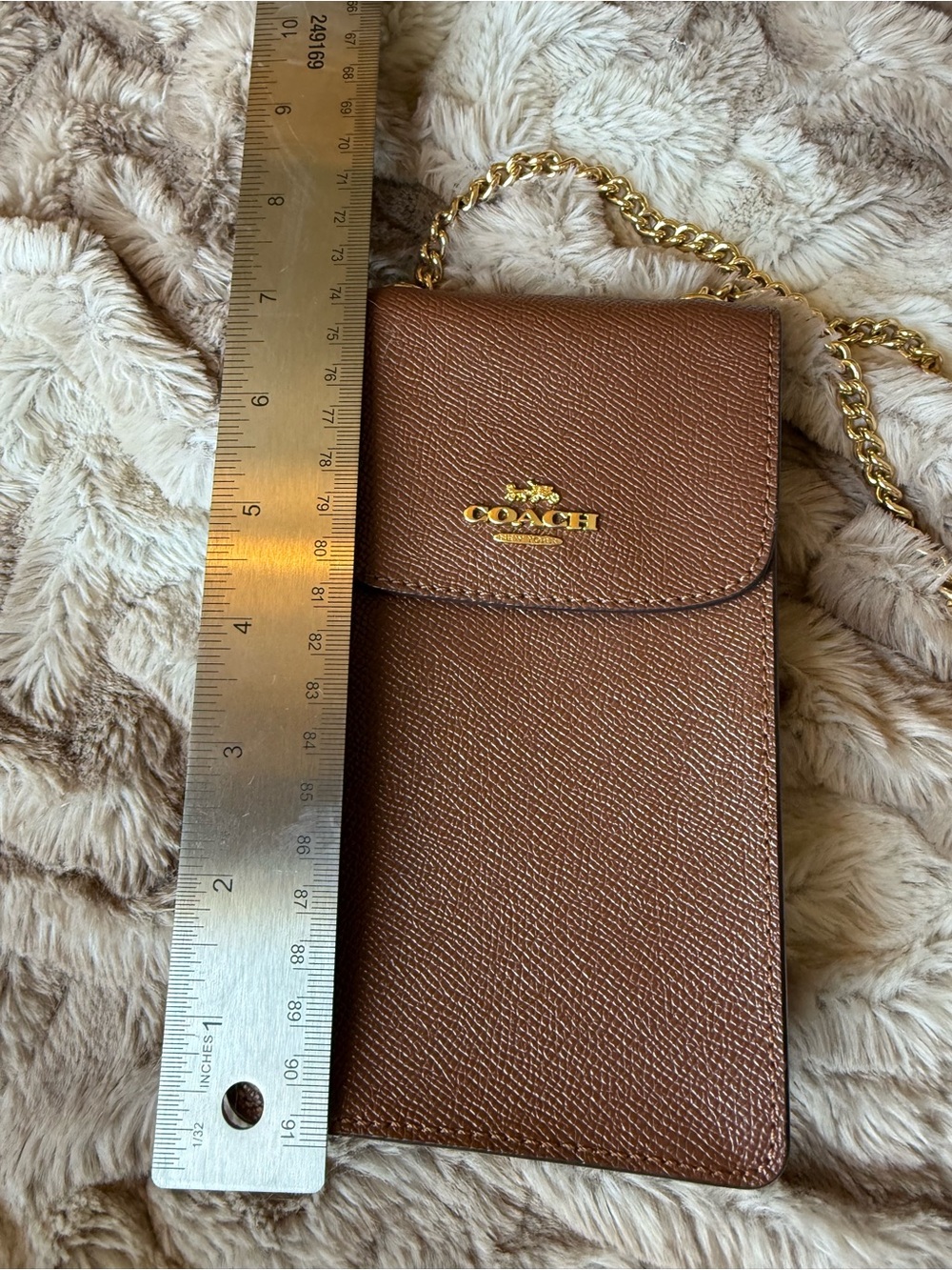 Coach saddle Brown Leather phone card Crossbody Pouch with Gold Chain - Picture 2 of 6